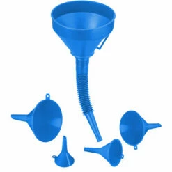 Relaxdays Trichter Set, 5 Größen, Flexibler Schlauch, Entnehmbares Sieb, Auto Öltrichter, Universell, Kunststoff, Blau